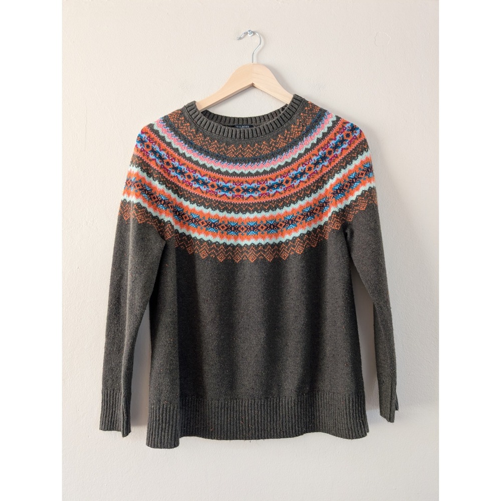 Talbots Fair Isle Sweater Green Orange Crewneck Knit Holiday Womens MP Winter
